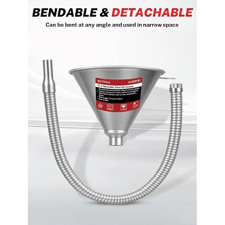 BILITOOLS 26.2" Steel Flexible Oil Funnel With Filter For Automotive Use, Metal Bendable Spout Funnel For Oil Fluids Change, Long Funnels For
