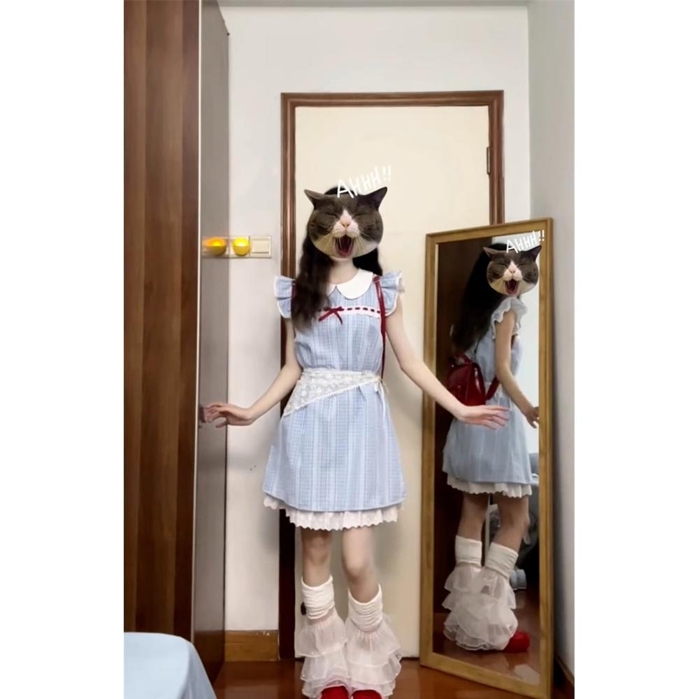 

Платье-пачка в академическом стиле с кукольным воротником для маленьких людей, ретро-клетчатое кружевное платье с маленькими рукавами-крылышками для женского лета XL- (recommended 110-60kg)