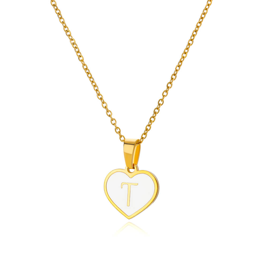 Stainless Steel Initial Letter Enamel White Heart Necklaces for Women Cute Name Pendant Charm Necklace Zircon Prom Accessories