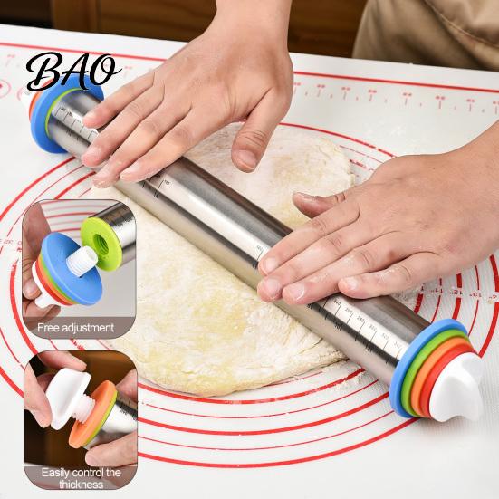 Professional Baking Tools for Pastry Rolling Pin with Thickness Rings, Ergonomic Measurement Markings Kitchen Tool, Heavy Duty Dough Roller
