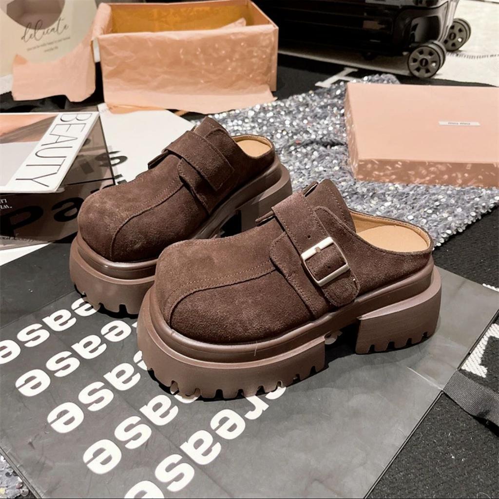 Papuci mat cu cap mare, cu talpă groasă, îmbrăcăminte pentru femei, cizme de zăpadă retro versatile, geantă pentru creșterea în înălțime pentru bărbați mici, pantofi de bumbac jumătate-papuci