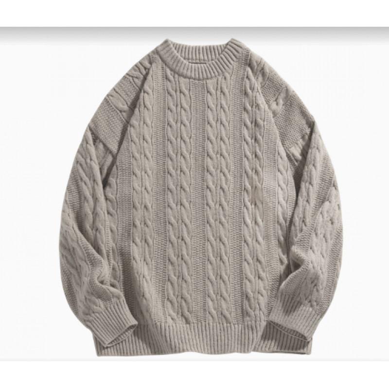 Unisex Japanese Retro Cable Knit Sweater, Round Neck, Loose Fit, Casual Autumn Style