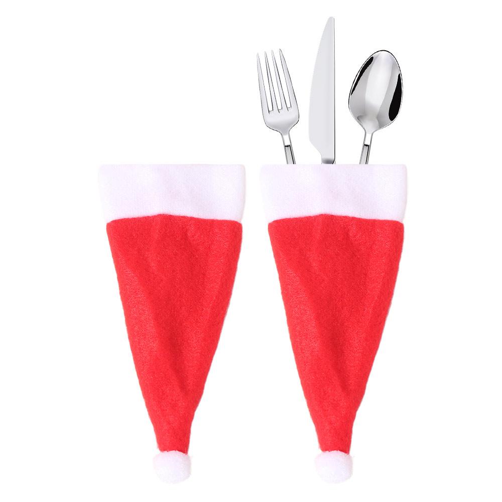 10Pcs Pulled Flannel Christmas Hat Cutlery Cover Cartoon Christmas Hat Fork Cutlery Bag Home
