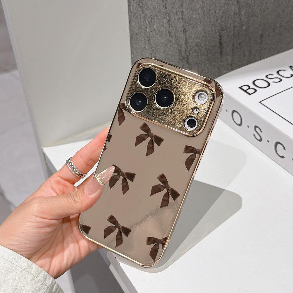 

Lucky Start Phone Case For iPhone 17 16 15 14 13 12 11 Pro Max 16E Gold Electroplated glass shell Elegant Brown Bow Pattern Cover IPHONE11PRO