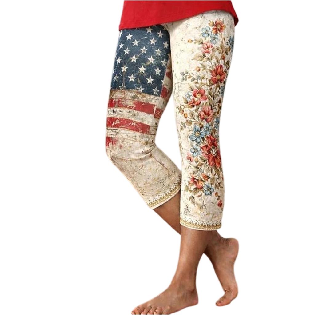 Damen Elastische Taille Capri-Leggings mit Sternenprint Dehnbar Schlanke Passform Sieben Achtellänge Lässige Strandhose für den Sommer