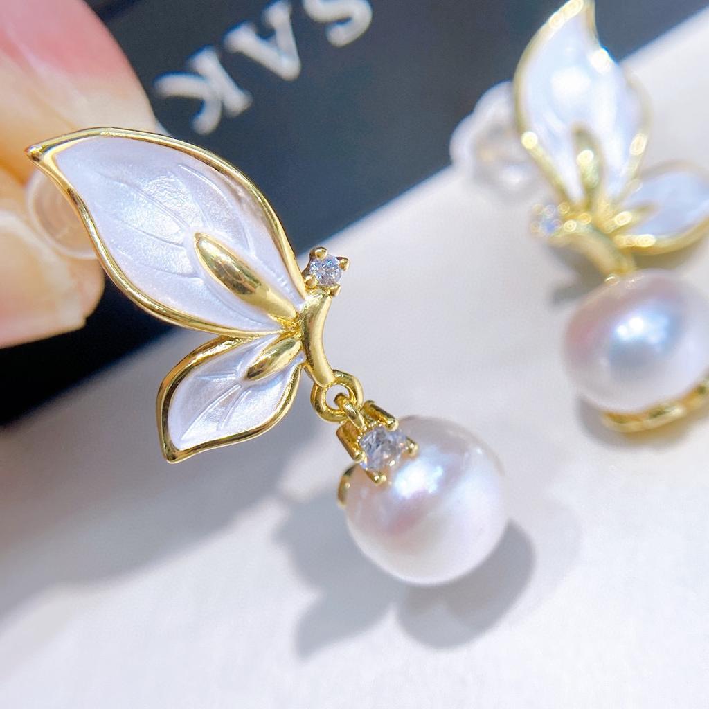 Zircon Butterfly Pendant Earrings Women's S925 Silver Needle French High-end Natural Freshwater Pearl Earrings Niche