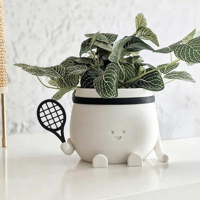 Smile Face Planter Pot 3D Printed Cute Holding Tennis/Soccer Head Flower Pot with Drainage Hole for Indoor Outdoor Home Garden Decor