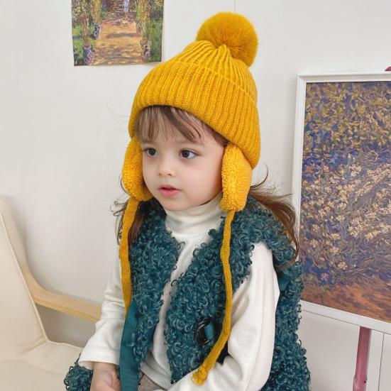 Children Hat Thickened Wool Knit Hat with Pom-Pom Ball Decor Extended Ear Flaps Design Fleece Lining Warm Winter Hat