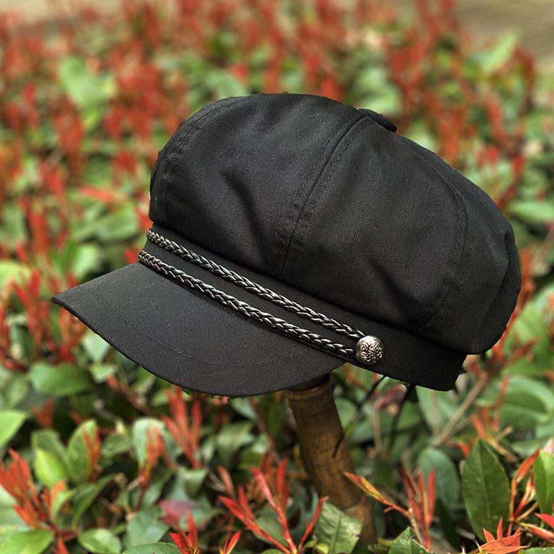 Большой обхват головы Маленький обхват головы, Канвасная восьмиугольная шляпа Женская модная берет с козырьком, Декоративная кожаная веревка, Универсальная шляпа xs plus small size 54cm