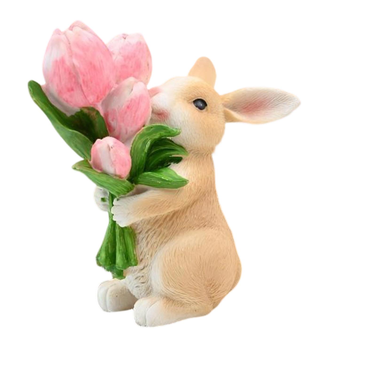 Easter Bunny Figurine, Resin Craft Ornament, Easter Gift, Holding A Bouquet Of Flowers.