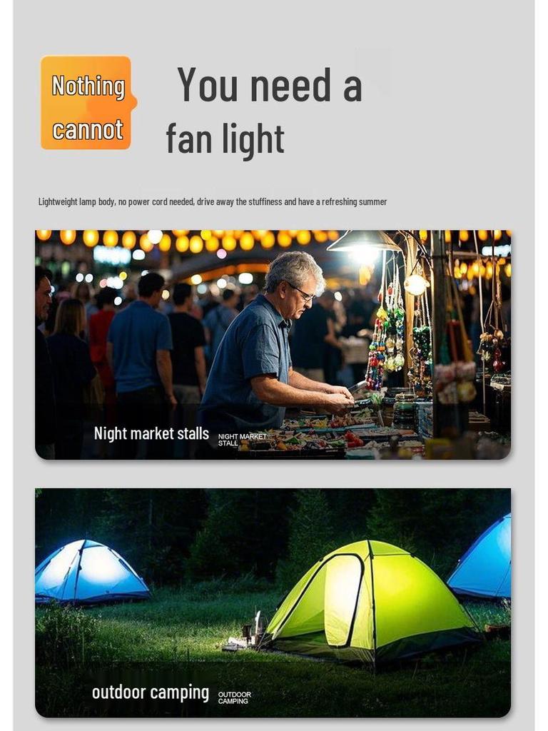 Portable Camping Ceiling Fan with Super Bright Light, USB Rechargeable, Three-Color Dimming, and Powerful Wind.