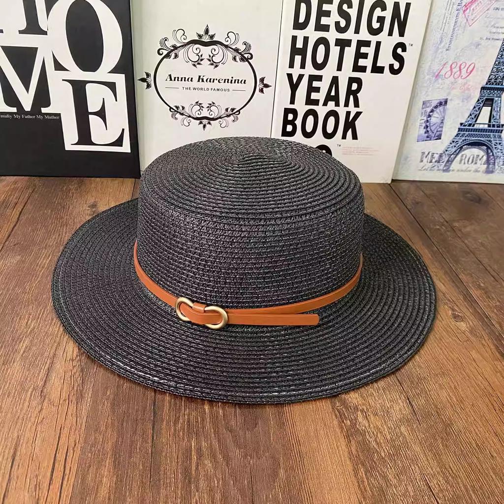 Flat top straw hat women's summer sunshade sunscreen hat vacation style straw hat top hat travel seaside beach hat