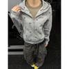 Womens Loose Zip-Up Hoodless Sweatshirt 2026 Fall Streetwear Casual Top Gray S-XL