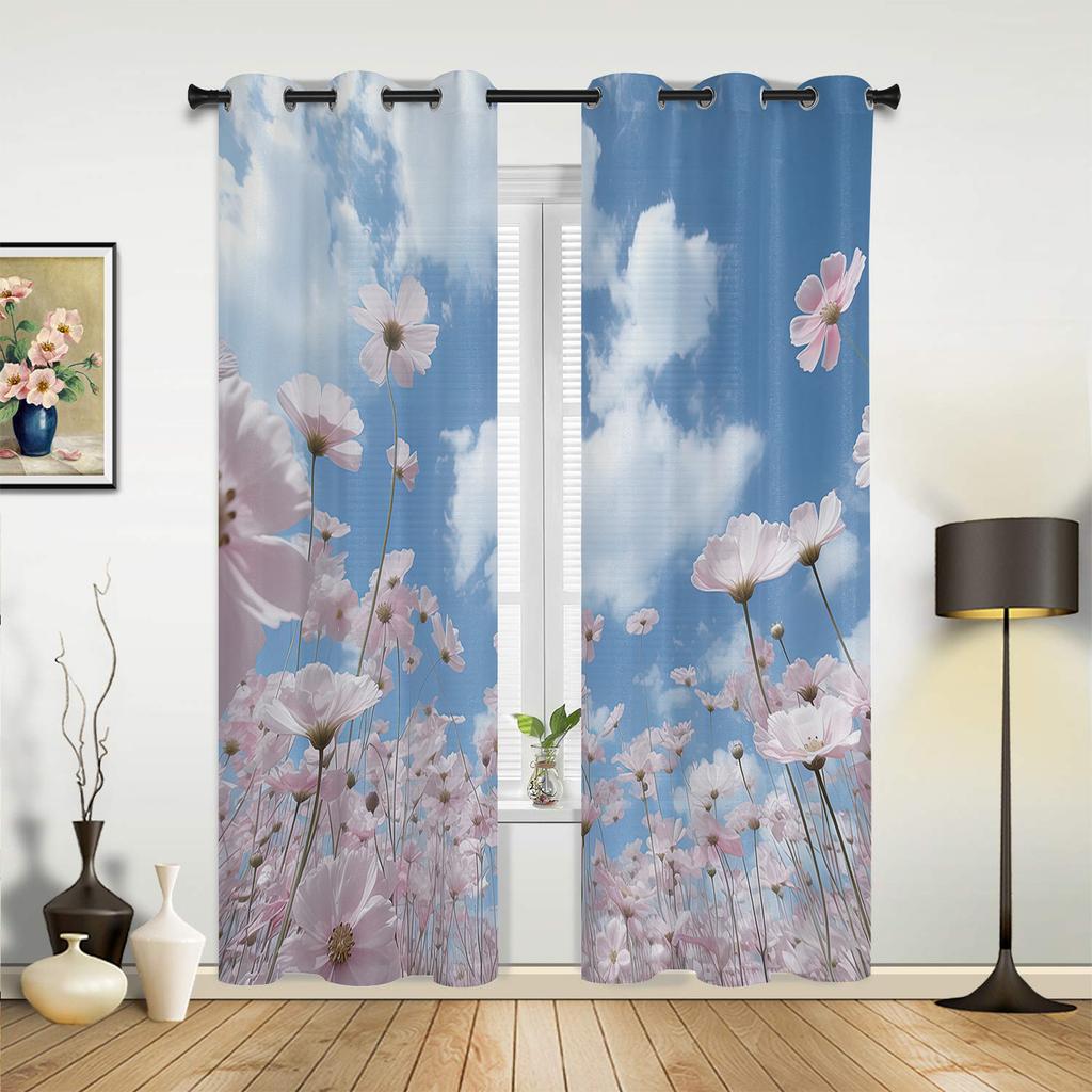 Blauer Himmel Wolken Blumen Vorhänge für Schlafzimmer Wohnzimmer Fensterdekorationen Jalousien Küche Heimdeko Vorhänge