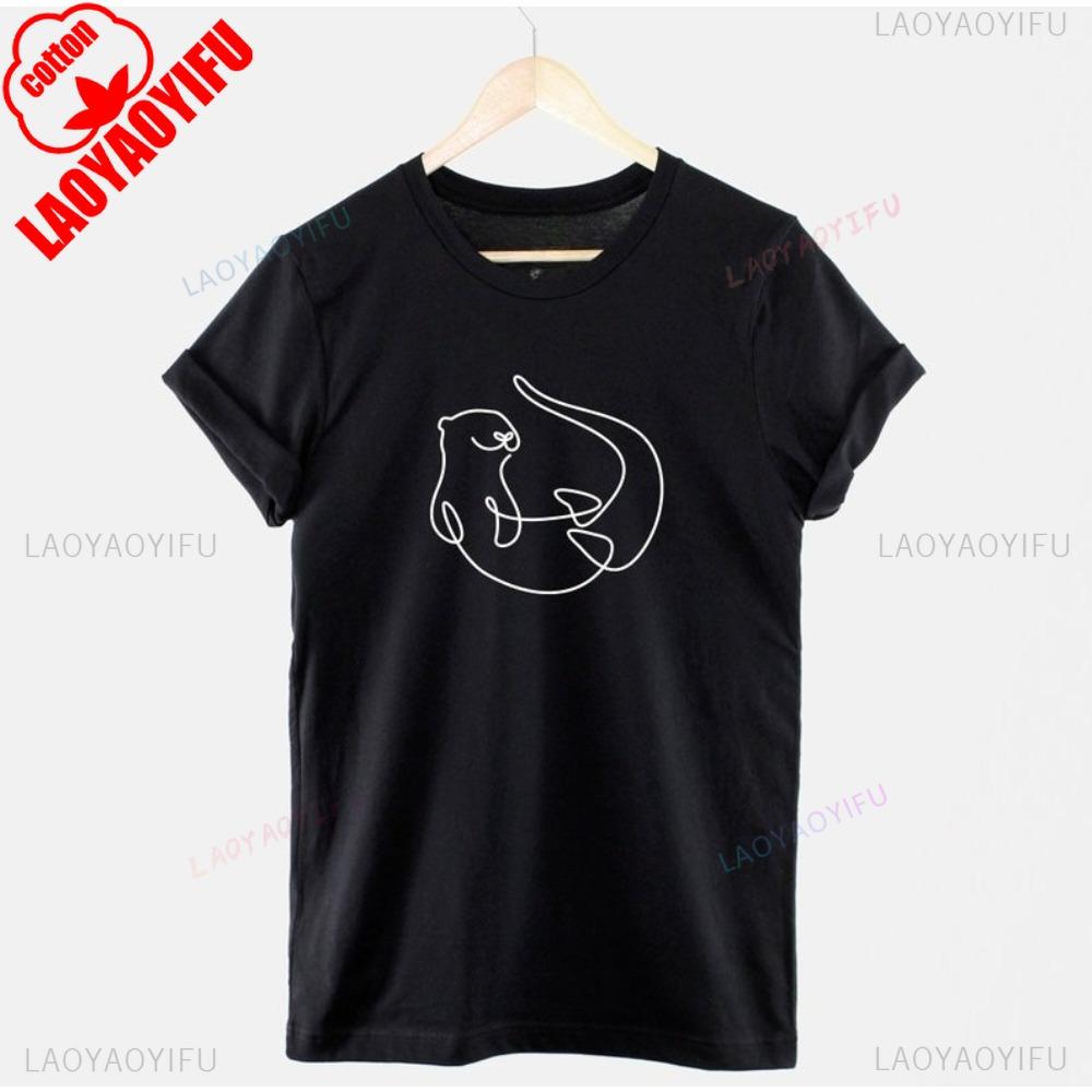 Womens Otter Line Drawing Tshirt Otter Enthusiast Gift Short Sleeve Cute Casual Summer Round Neck Cotton Women Tee Tops