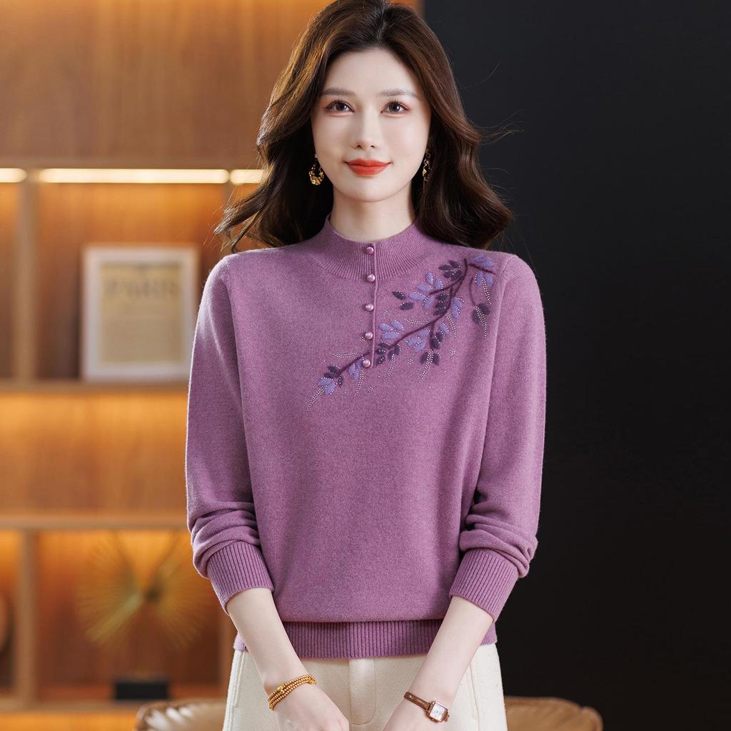 Women's Plus Size Pure Wool Embroidered Sweater - Autumn/Winter Base Layer with Half-high Collar, Perfect for Middle-aged and Elderly Moms.