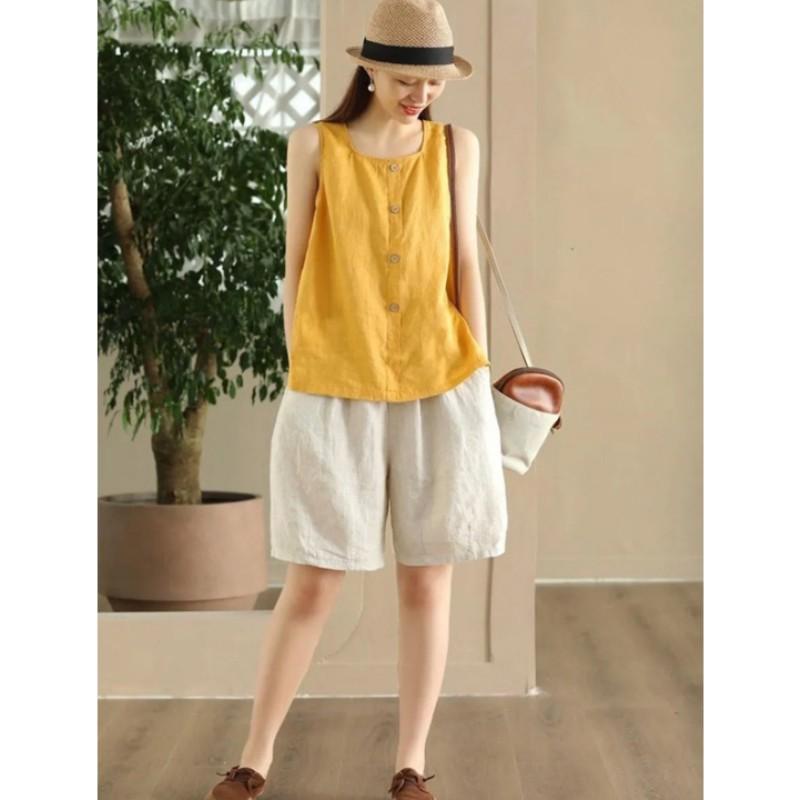 Women's Summer Cotton-Linen Sleeveless T-Shirt: Simple Button-Down Loose-Fit Tank Top, Solid Color, Breathable, Pullover Top