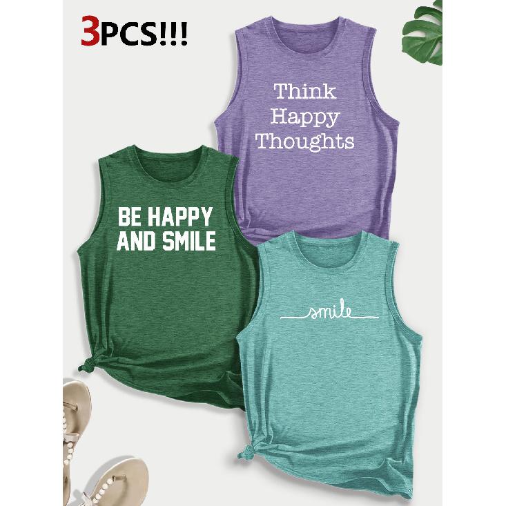 ThinkHappy Text Combination Gift Print Pattern Round neck3Pack of Sleeveless Vests for Women In Spring, Summer, and Autumn