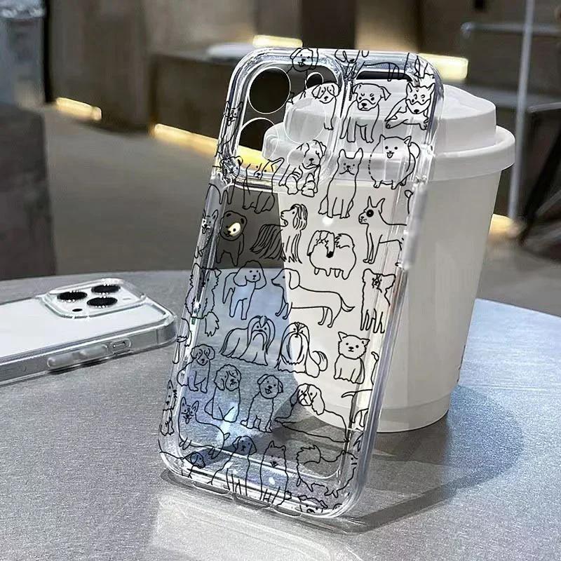 Graffiti Cartoon Dog Cat Phone Case For iPhone 15 Pro Max 14 12 13 11 16 16e Case X XR XS 7 8 Plus SE 3 Transparent Soft Cover