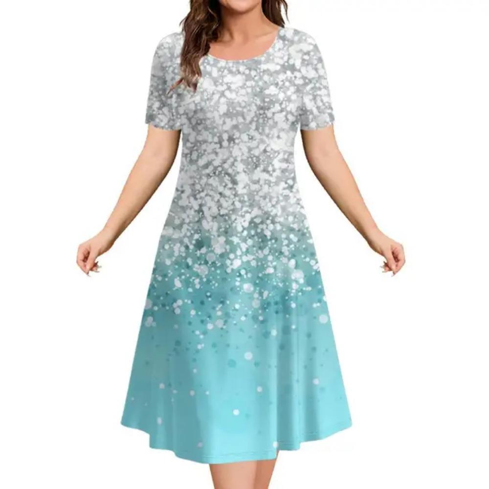 Fashionable and elegant women's dress short sleeved O-neck casual vacation party dress 3D printed A-line dress