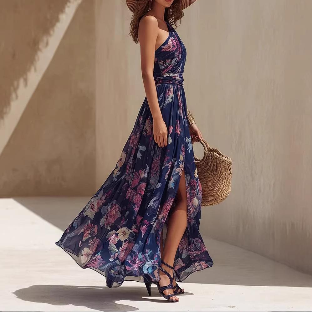 European and American Women's Clothing, Single Shoulder Bow Printed Chiffon Long Dress, Waist Elegant Seaside Vacation Dress