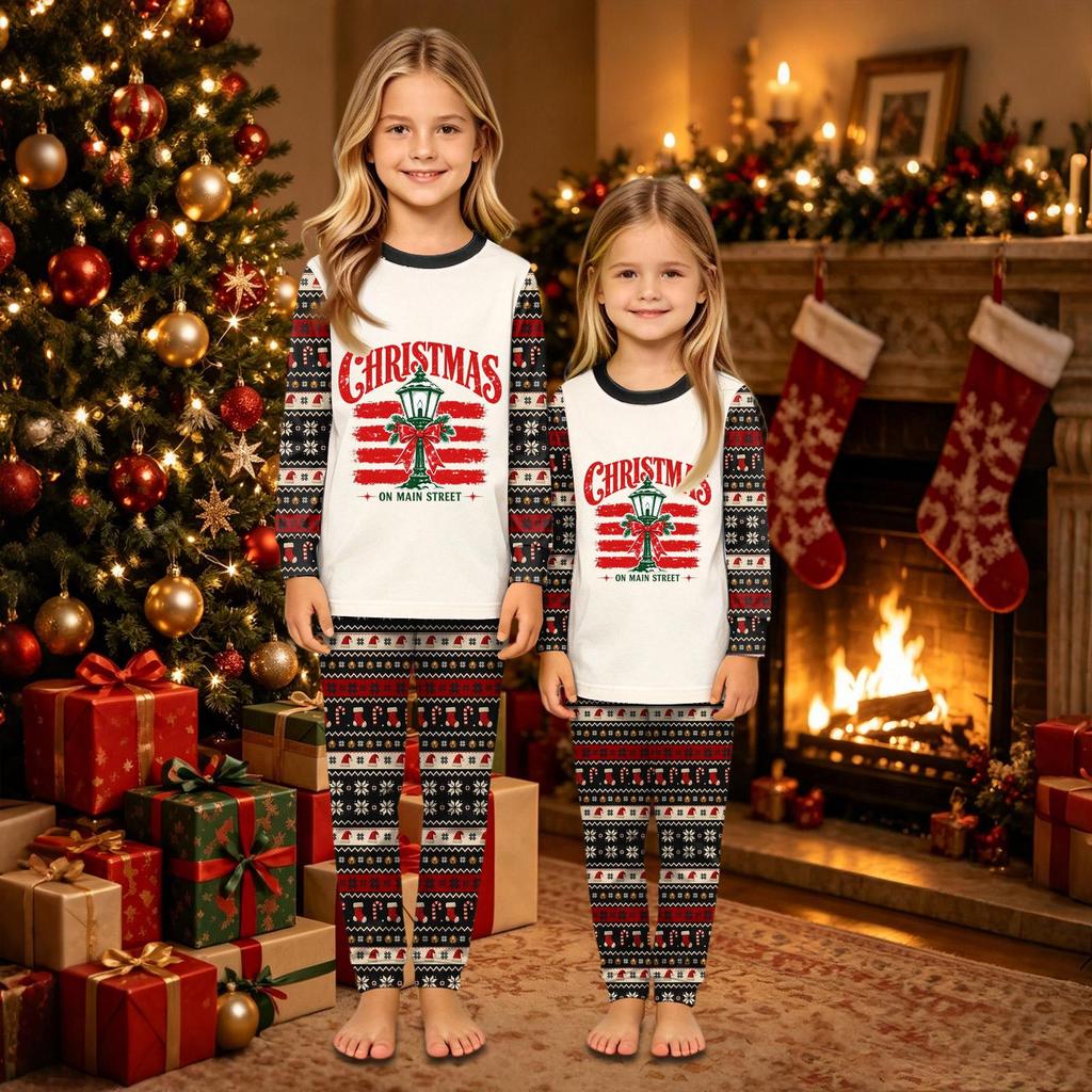 Family Matching Christmas Print Crewneck Long Sleeve Pants Loungewear Set for Holiday