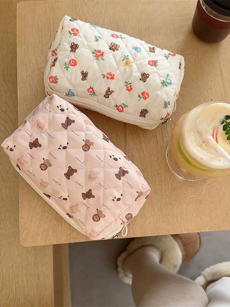 Quilted Cosmetic & Stationery Bag - Large Capacity, Cute Design for Girls