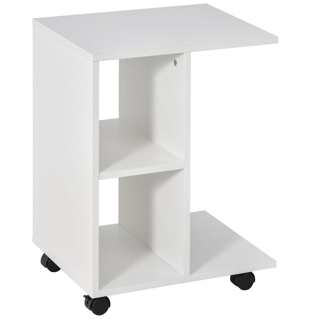 Side Table With Wheels C Shaped Sofa Table With Open Shelves For Living Room 45x35x58 Cm White