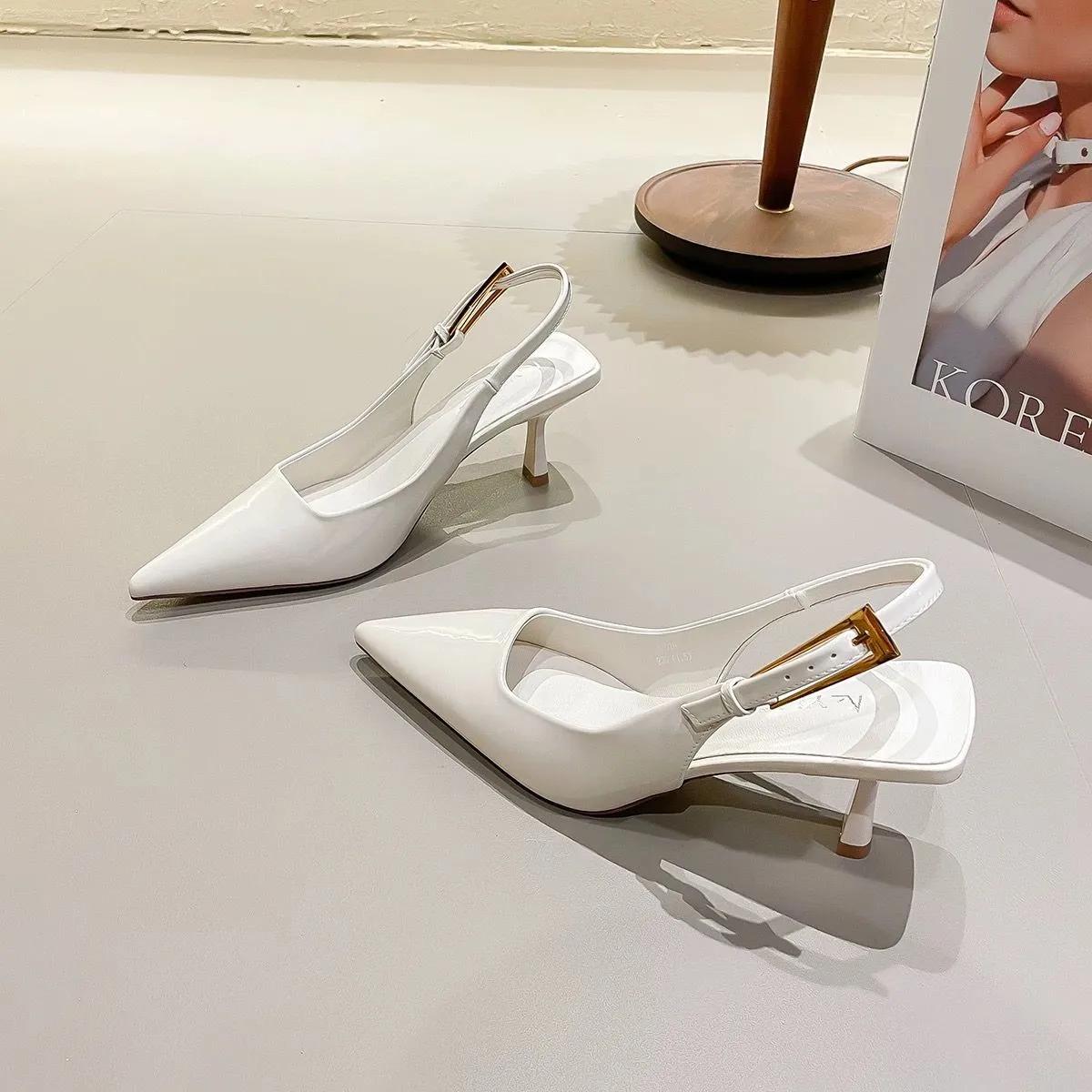 Summer New Brand Women Sandal Fashion Pointed Toe Shallow Ladies Elegant Slingback Shoes Thin Med Heel Pumps 35 2738₽