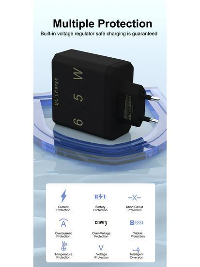 65W QC3.0 6-Port USB Fast Charger for Mobile Phones - US/EU/UK Standard