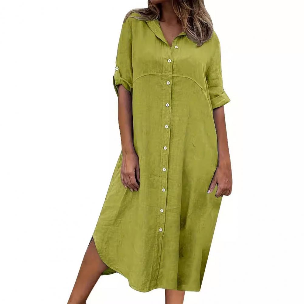 Summer Women Dress SIngle-breasted Half Sleeves Turn-down Collar Loose Solid Color Buttons Commute Daily Wear Midi Dress