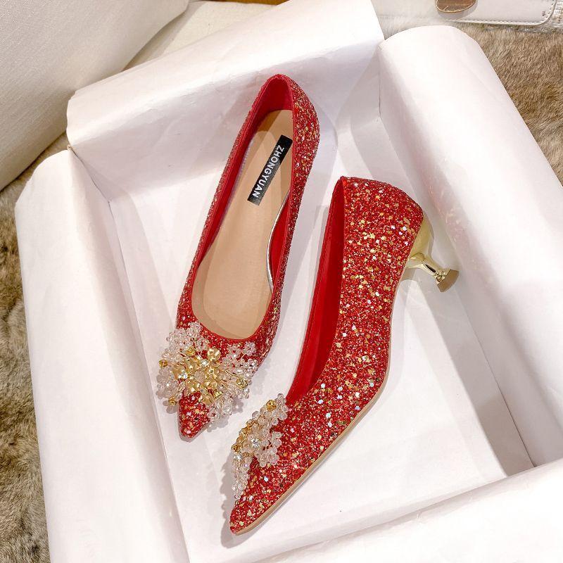 Fashion two-wear bride shoes women's spring and summer new models are not tired feet French pointed head shallow mouth high heels women's wedding