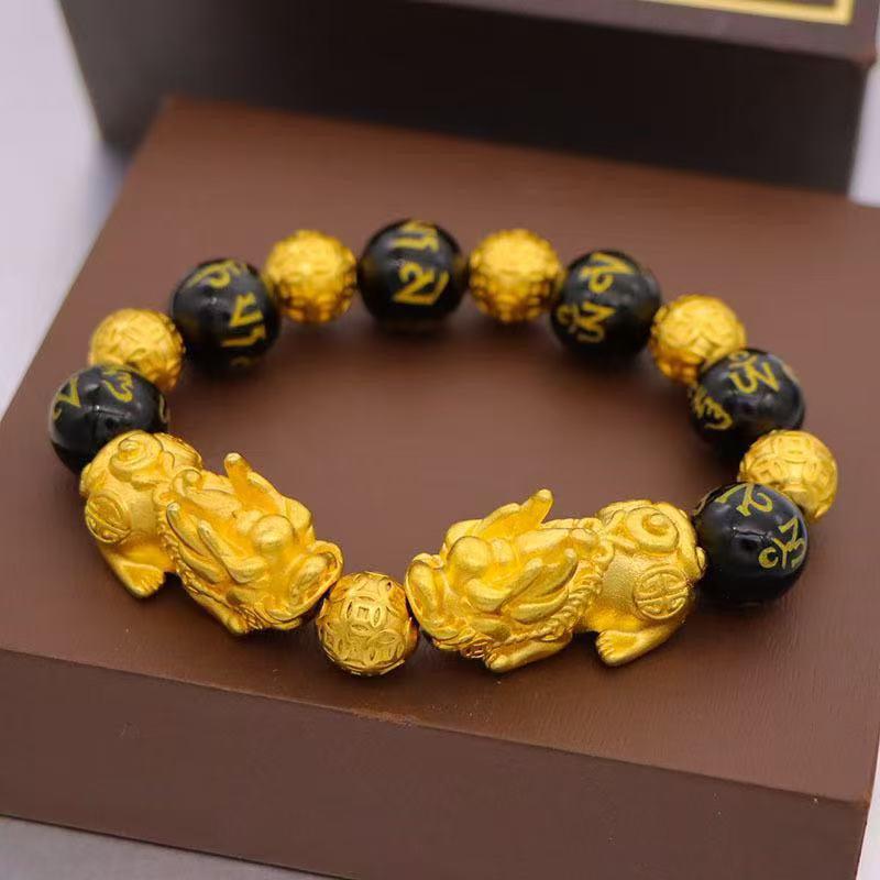 Gold-Plated Six-Character Mantra Buddha Bracelet: Men's Black Obsidian Agate with Gold Beads and Pixiu.