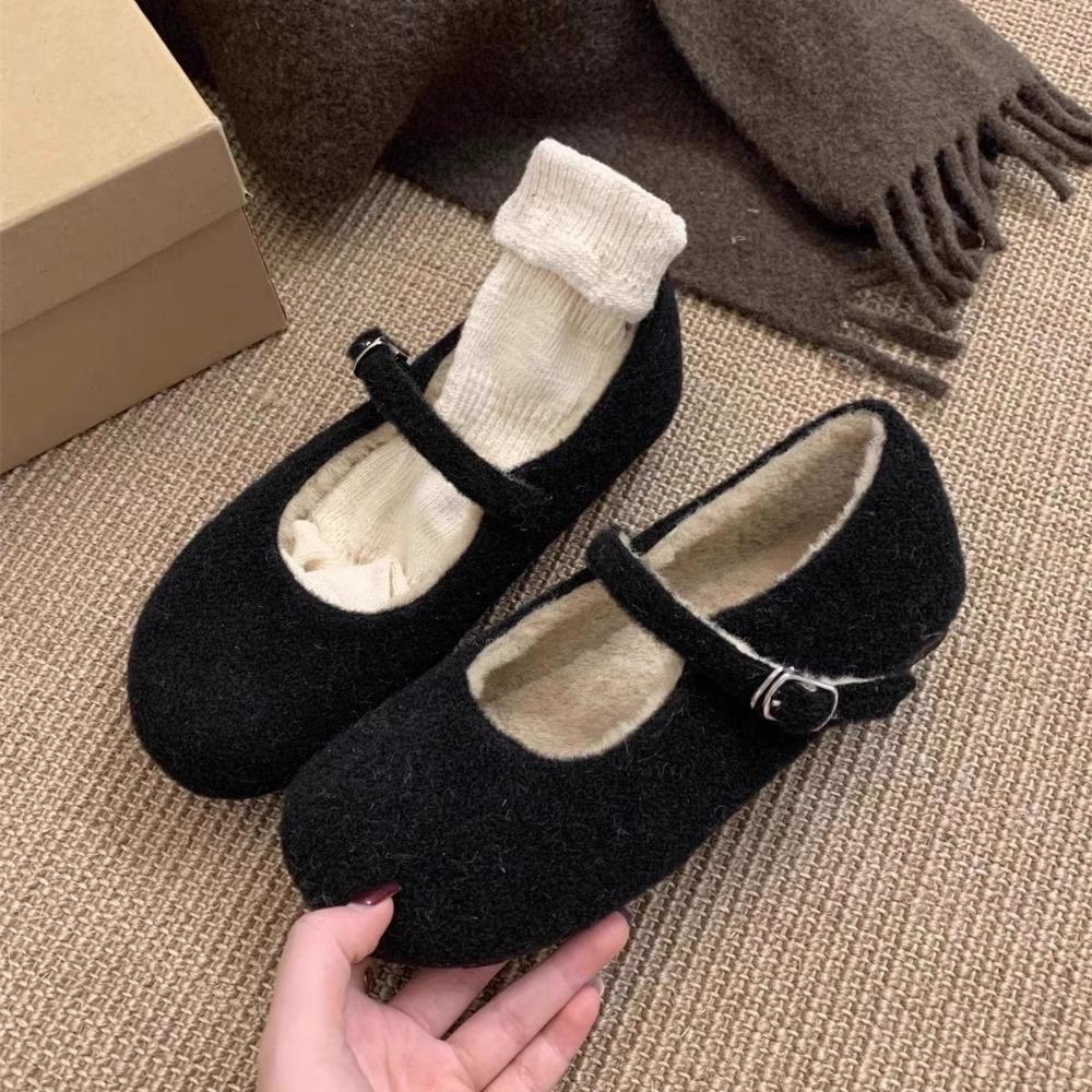 Fashion Buckle Strap Ladies Mary Janes Flats with Fur Shoes Round Toe Female Plush Footwear Women Flats Warm Shoes