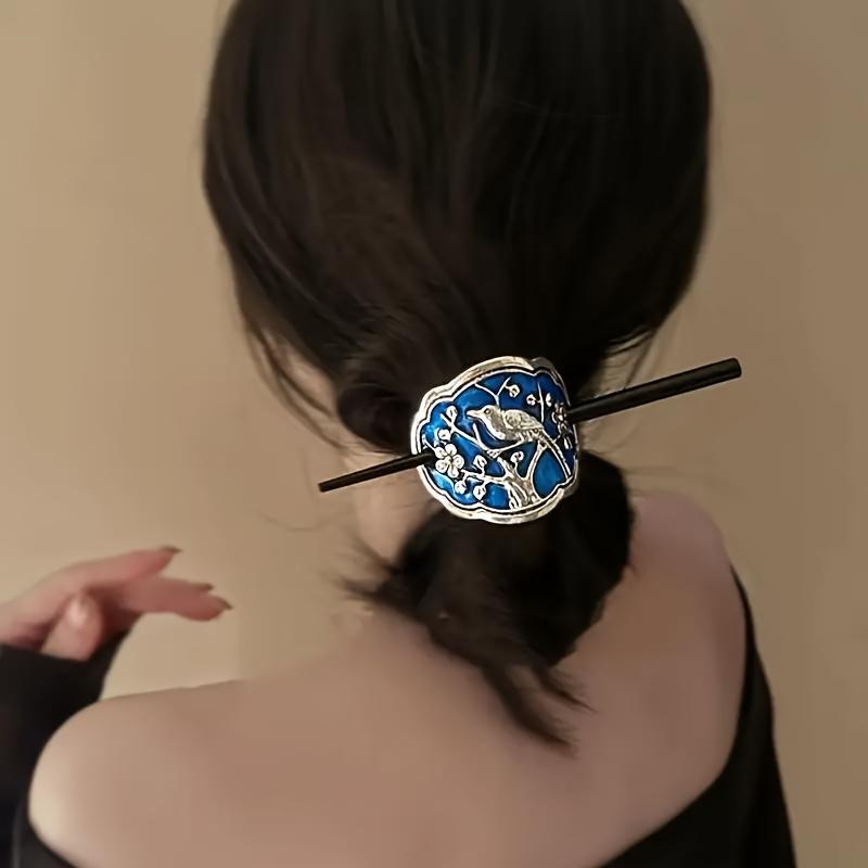 [Elegant Hairpin] Vintage Blue Enamel Hairpin - Elegant Alloy Floral Hair Accessory | For Women and Girls, Ideal for Valentine's Day, Polished Finish
