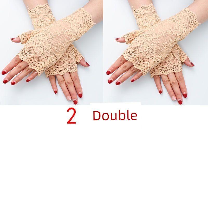 

Sun Protection Women Lace Gloves Half Finger Fashion Spring and Summer Thin UV Protection Elastic All-Match Breathable Open Finger Dance Skin color (2 pairs) One size