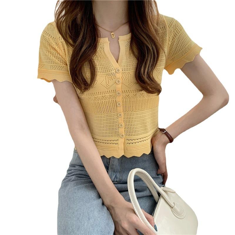 Fashion Hollow Out Thin Knit Short-sleeved Cardigan Tops Summer Casual Summer Essential Comfort and Style Slim Fit Pullovers Tees