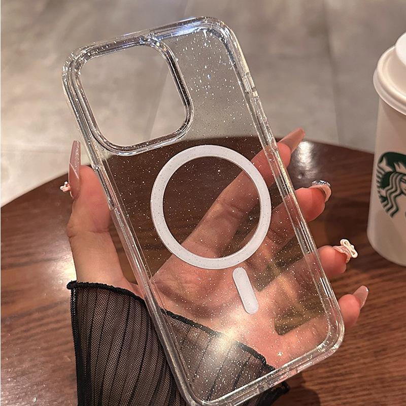 

Подходит для чехла для телефона Apple 15promax, Акриловый прозрачный с мелким глиттером, Магнитное притяжение iPhone13, 14 Полностью закрывающая твердая оболочка iPhone 13 6.1 inch