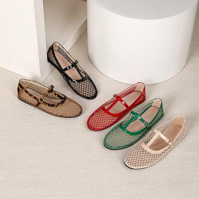 Fishnet Ballet Flats for Women Comfort Dressy Shoes With Ankle Strap Summer Round Closed Toe Mary Jane Shoes Women's Casual Non-Slip Mary Jane Flats
