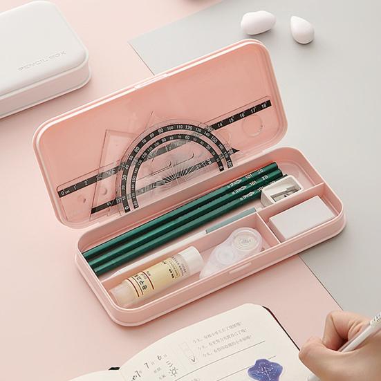 Boîte à fournitures de bureau portable, fine et de grande capacité, couleur macaron, avec compartiments de rangement et coque antichoc. Organisateur de stylos de bureau.