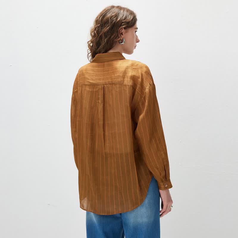 Kemengboka Women's 2026 S/S Ramie Striped Long Sleeve Lapel Shirt