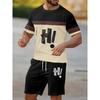 Fashionable Men's Summer Striped Print Micro Elastic Breathable Round Neck T-shirt Shorts Set Outdoor Casual Two-piece Set