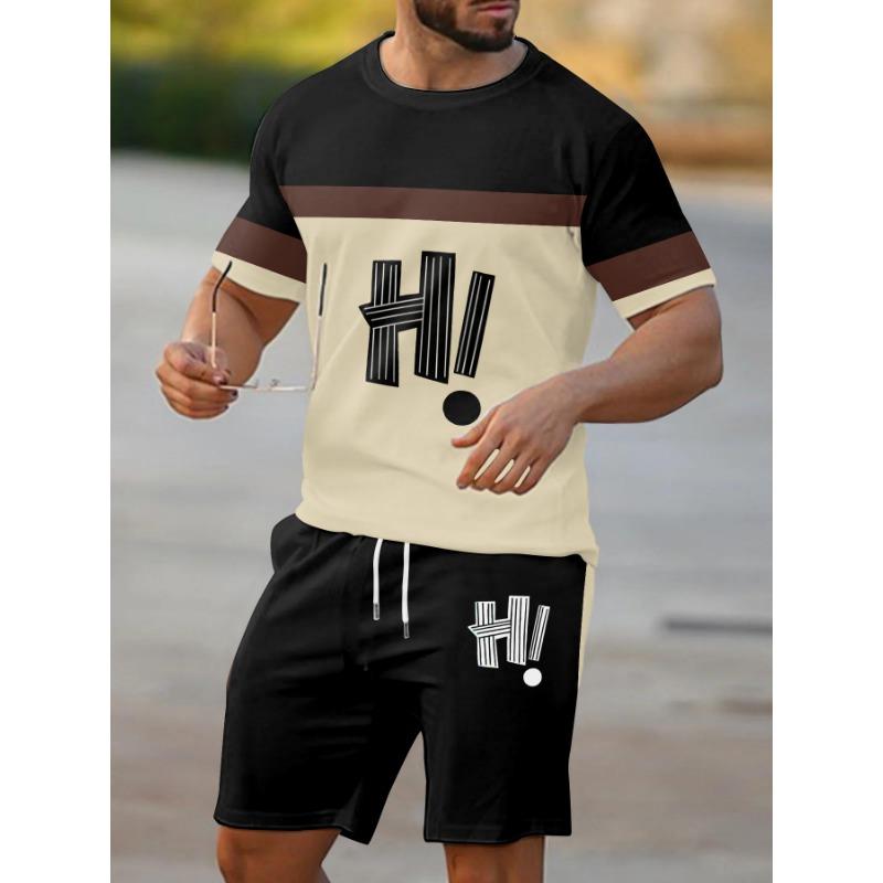 Fashionable Men's Summer Striped Print Micro Elastic Breathable Round Neck T-shirt Shorts Set Outdoor Casual Two-piece Set