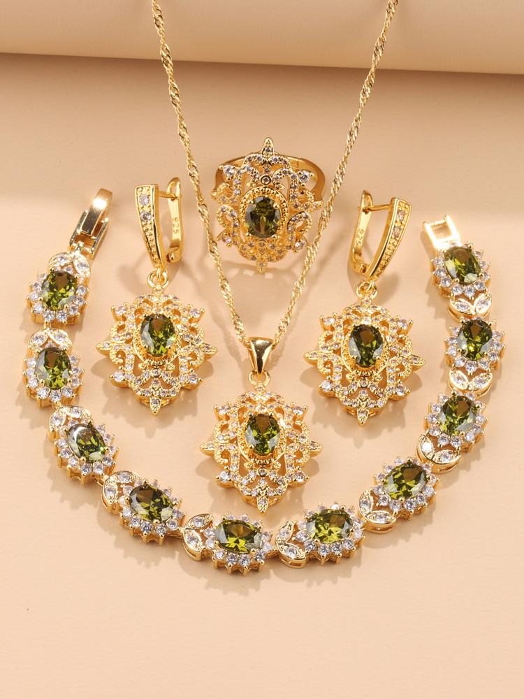 4 Stück Goldfarben Abaya Dubai Damen Zirkonia Schmuck Accessoire Hohe Qualität Damen Ehering Halskette Und Ohrring Set resizable beige