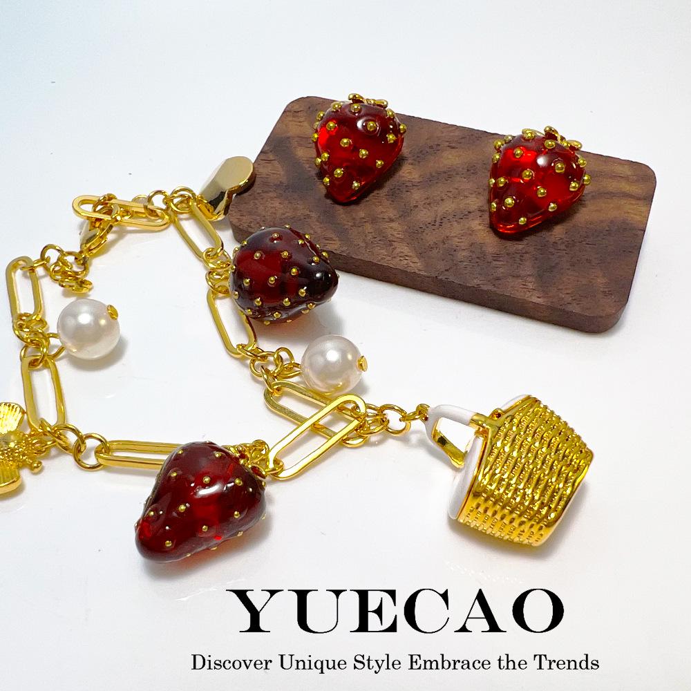 "KS Strawberry Bracelet & Earring Set: Gold-Plated, High-End Design with Fruit Accents"