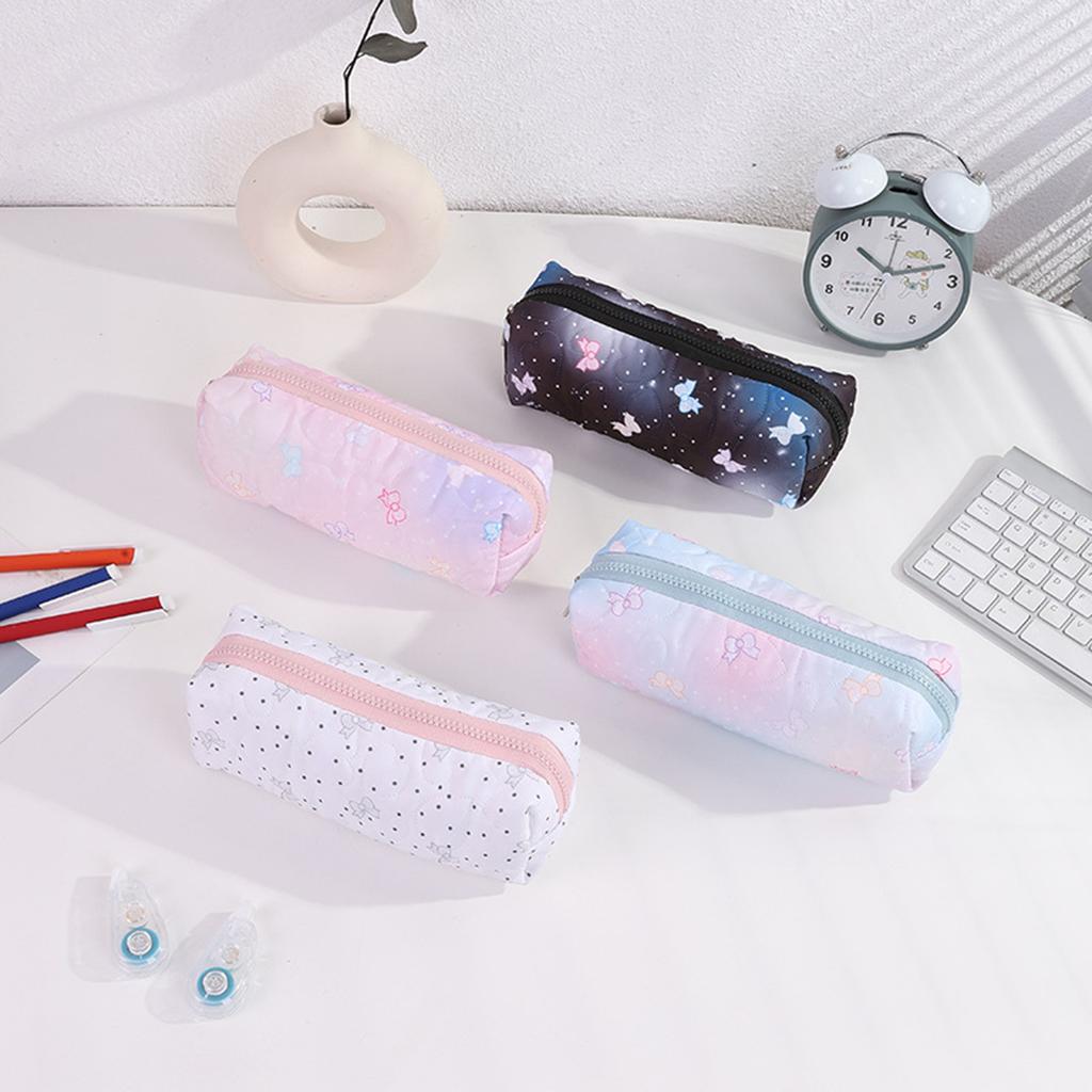 1PC Bowknot Print Pencil Case, Creative Starry Sky Style Portable Zipper Desktop Stationery Storage Bag, Cute Gift for Friends