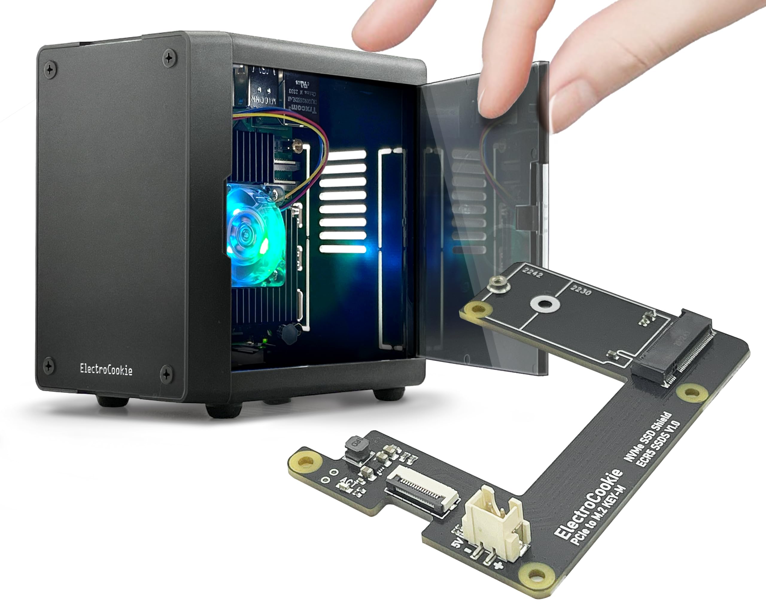 

ElectroCookie Mini PC Case for Raspberry Pi 5 NVMe SSD PCIe HAT Active RGB Lighting Cooler Case HAT M.2 & (Black + M.2 [ECR5 SSDS])