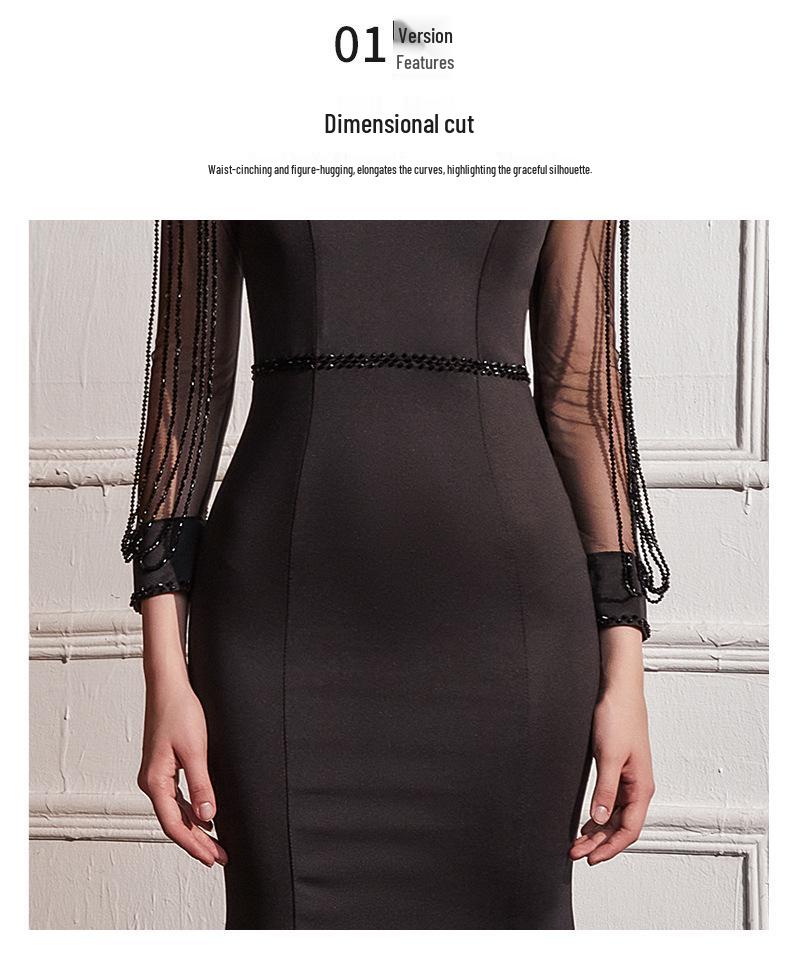 Elegant European Mesh Beaded Long Sleeve Hepburn Style Evening Party Gown
