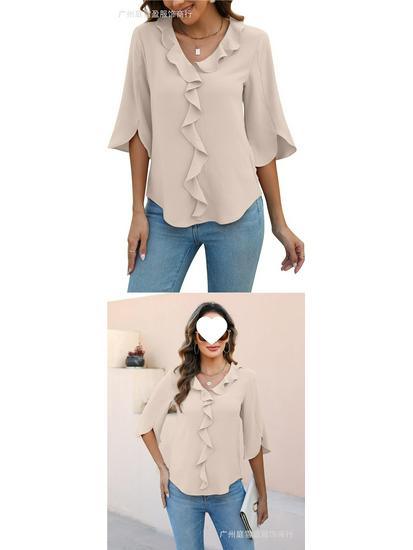 European & American Women's Artistic V-neck Ruffle Casual Shirt