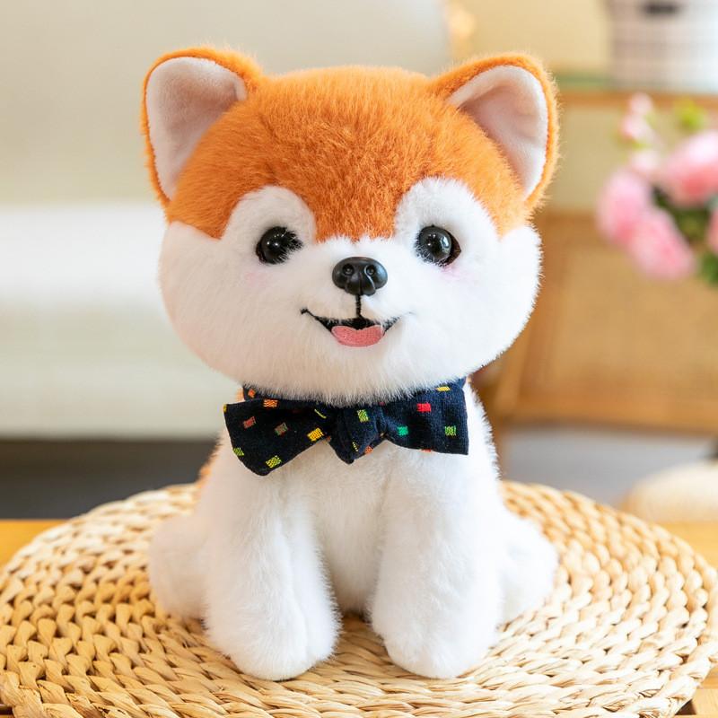 Plush Shiba Inu Toy With Green Bow Soft Stuffed Animal For Children Companion